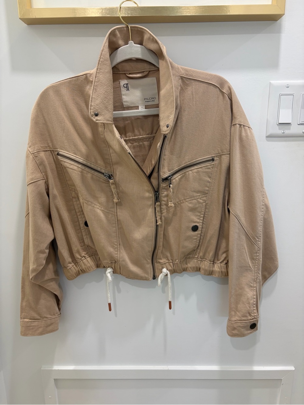 Pilcro Tan Cropped Utility Jacket with Drawstring Hem